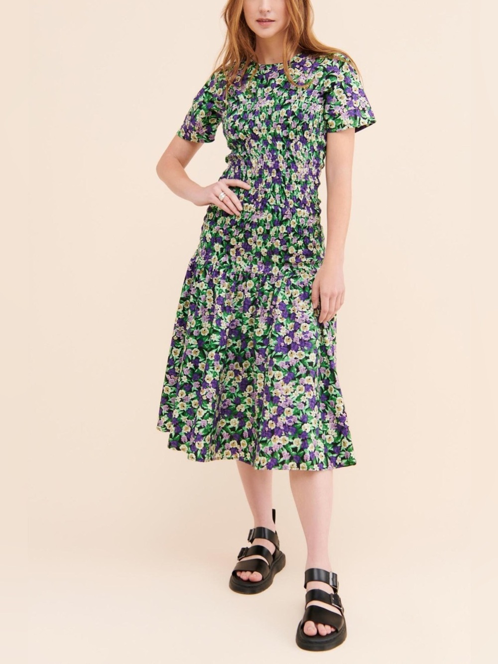 GHOSPELL Floral Smocked Midi Dress Size XS